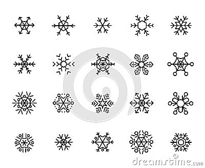 Simple collection of snowflake related line icons. Vector Illustration