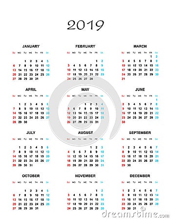 Simple color calendar for the year 2019. The names of days and months in a row and Sunday marked red, saturday blue on a white bac Vector Illustration