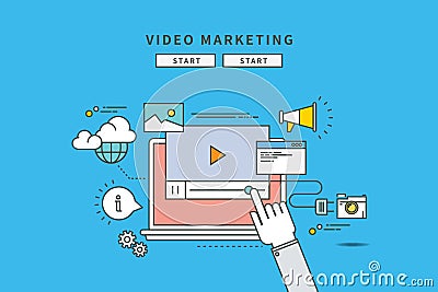 Simple color line flat design of video marketing, modern illustration Vector Illustration