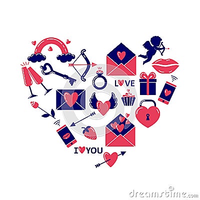 Simple colored valentine`s day icons placed in a heart shape. Vector Illustration