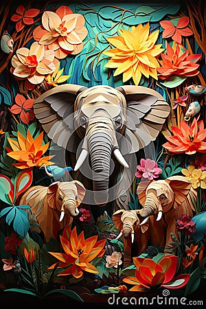 Simple colorful animals and various flowers in paper cut design in jungle and cute elephants Stock Photo