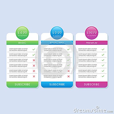 Simple colorful pricing table list for website vector Vector Illustration