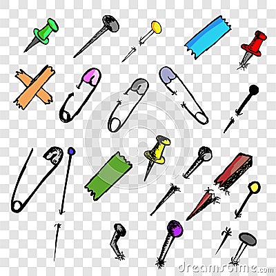 Simple Vector colorful vector doodle Breastpin, push pin, nail and needle at transparent effect background Vector Illustration