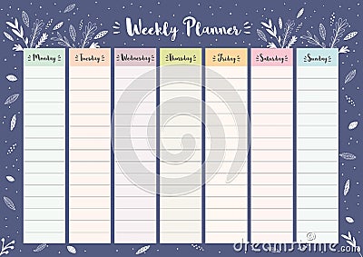Simple Colorful Weekly Planner. Printable Floral Vector Schedule. Vector Illustration
