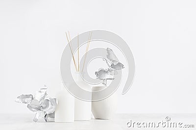 Simple contemporary white decorations for interior - aromatic white diffuser with sticks, ceramic vase with silver leaves. Stock Photo