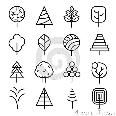 Simple contour lines trees. Vector nature plants and thin line icons isolated on white background Vector Illustration