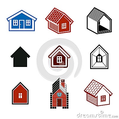 Simple cottages collection, real estate and construction theme. Vector Illustration