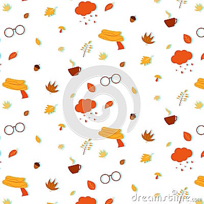 Simple cozy autumn background with fall elements. Repeated pattern. Cartoon flat autumn leaves, glasses, scarf, hot Vector Illustration