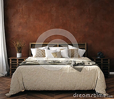 Simple and cozy bedroom interior, old grunge brown wall, bed with linen blanket Stock Photo