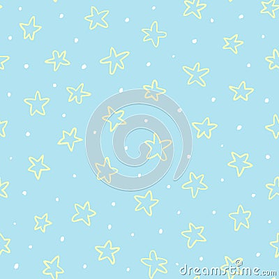 Simple and cute hand-drawn seamless stars background for children`s bedroom, baby nursery, baby clothes, wrapping paper. Vector Illustration