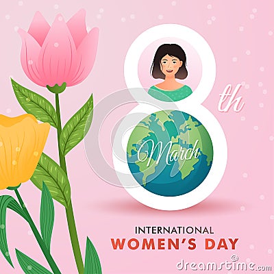 Illustration of International women`s day, eighth of march cute girls and floral ornament Stock Photo