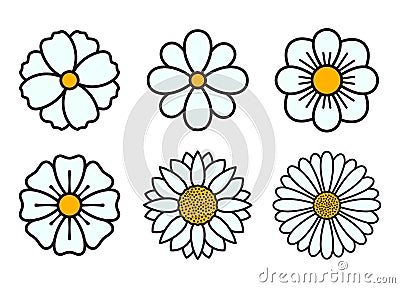 Simple daisy, chamomile and marguerite flower icons. Set of wild flowers with petals Cartoon Illustration