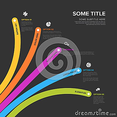 Simple dark diagonal infographic with title and five arrows pointing on element option items Vector Illustration