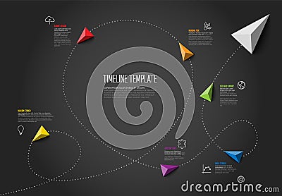 Simple dark timeline with color pyramid arrows, facts and icons Vector Illustration