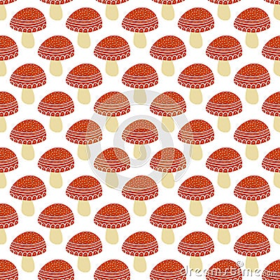 Simple doodle cute amanita pattern. Fly agaric hand drawn seamless background. Vector Illustration