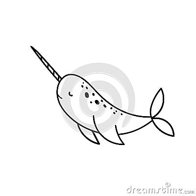 Simple doodle drawings with narwhal. Vector illustration with arctic whale isolated on white background Cartoon Illustration