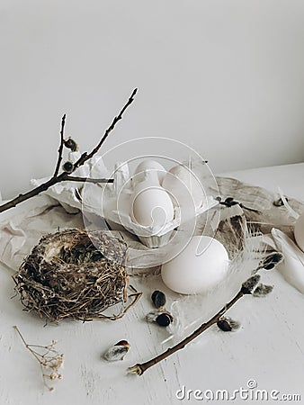 Simple Easter still life. Natural eggs, feathers, pussy willow branches, nest on white rustic table Stock Photo
