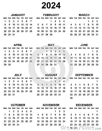 Simple editable vector calendar for year 2024 mondays first, sundays on black, easy to edit and use Vector Illustration