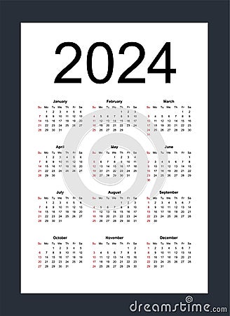 Simple editable vector calendar for year 2024. Week starts from Sunday Vector Illustration