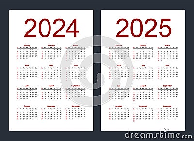 Simple editable vector calendars for year 2024, 2025. Week starts from Sunday. Vertical Vector Illustration