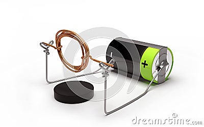 Simple electric motor experiment with cell and magnet. Stock Photo