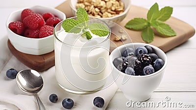 Simple Elegance - Fresh yogurt on white table. Probiotic dairy drink. Generative AI Stock Photo