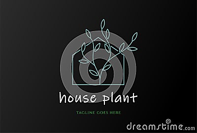 Simple Elegant House with Plant Leaf Line Style Logo Design Vector Illustration