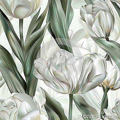 Simple and Elegant Image of White Tulips and Long Green Leaves on White Background Stock Photo