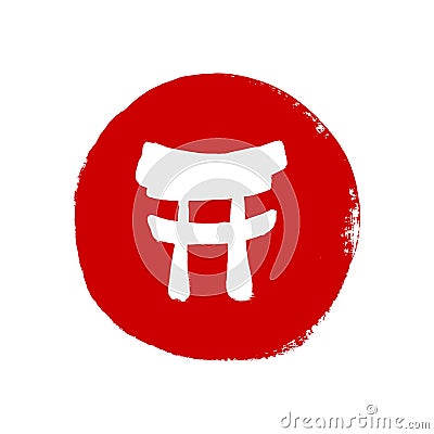 Simple and elegant Japan logo. Torii silhouette traditional Japanese gate in red circle shape. Isolated vector clip art Vector Illustration