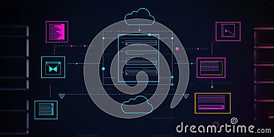 Simple, elegant line-art flowchart demonstrating cloud-based document management Stock Photo