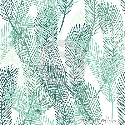 Simple elegant pattern of hand drawn palm leaves. Green tropical branches on white background. Seamless vector pattern Vector Illustration