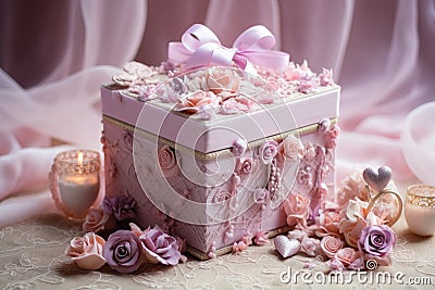 A simple yet elegant pink gift box with a charming bow on top, perfect for presenting your special gift., A romantic pastel- Stock Photo