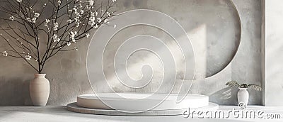 A simple, elegant white podium stands alone on a concrete surface, highlighted by a serene, misty backdrop with delicate Stock Photo