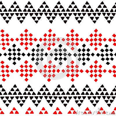 Simple ethnic black and white and red triangles and rhombus seamless pattern, vector Vector Illustration