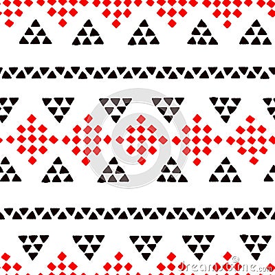 Simple ethnic black and white and red triangles and rhombus seamless pattern, vector Vector Illustration