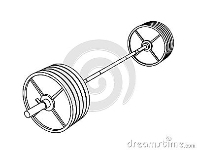 Simple fitness line art perspective vector of an olympic barbell with steel plates on white background Vector Illustration