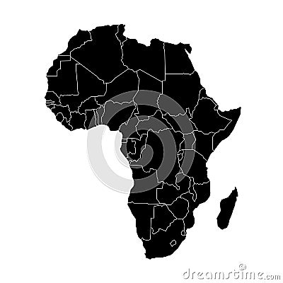 Simple flat black map of Africa continent with national borders isolated on white background. Vector illustration Vector Illustration