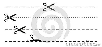 Simple flat black and white scissors and dotted or dashed perforation line icon Vector Illustration