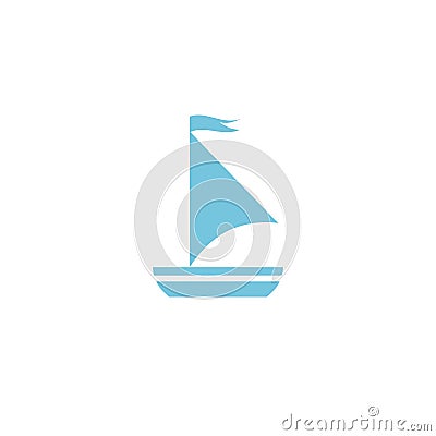 Simple flat boat with sail. Marine icon isolated on white. Blue color. Vector nautical illustration Cartoon Illustration