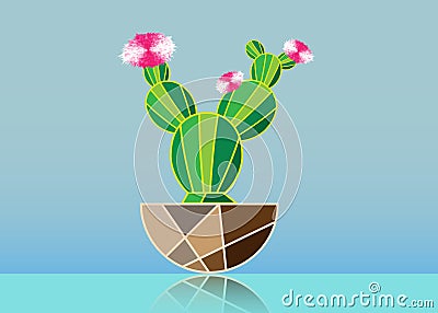 Simple flat cactus vector icon. Green cactacea with pink flowers pictogram isolated on blue background Vector Illustration