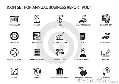 Simple flat design business icons for annual company business report Vector Illustration