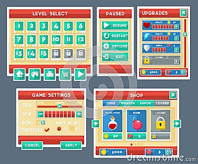 Simple Flat Game GUI Set Vector Illustration