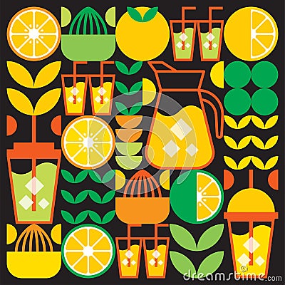 Simple flat illustration of abstract shapes of citrus fruits, lemons, lemonade, limes, leaves and other geometric symbols. Vector Illustration