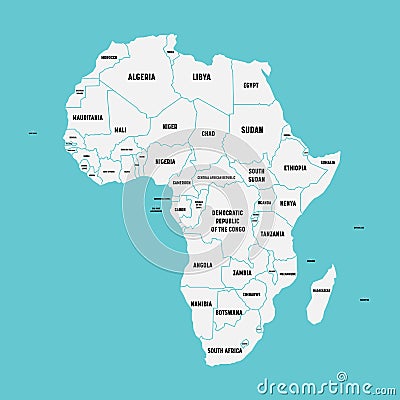 Simple flat map of Africa continent with national borders and country name labels on blue background. Vector Vector Illustration