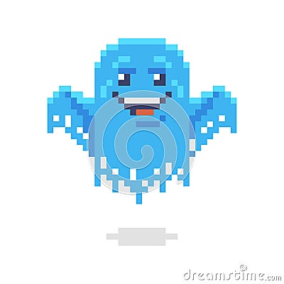 Simple flat pixel art illustration of cartoon cute and smiling ghost Vector Illustration