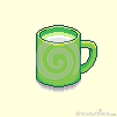 Simple flat pixel art illustration of cartoon green cup with milk in the style of retro video games Vector Illustration