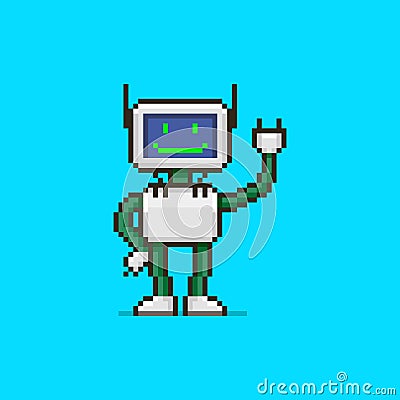 Simple flat pixel art illustration of cartoon smiling humanoid robot with a display instead of a face Vector Illustration