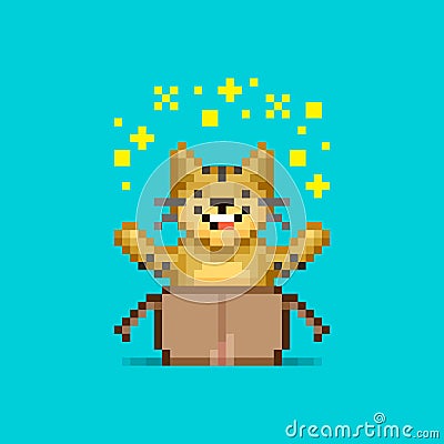 Simple flat pixel art illustration of cartoon smiling tiger sitting in an open cardboard box and showing a magical glow o Vector Illustration
