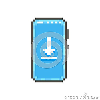 Simple flat pixel art illustration of modern smartphone with white file download sign on the screen Vector Illustration