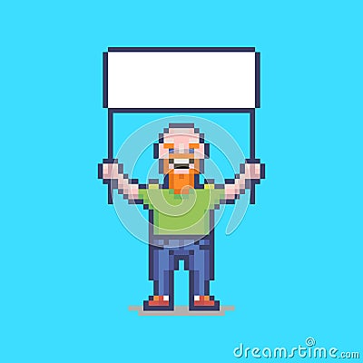 Simple flat pixel art illustration of smiling bald guy with a white blank poster in his hands Vector Illustration